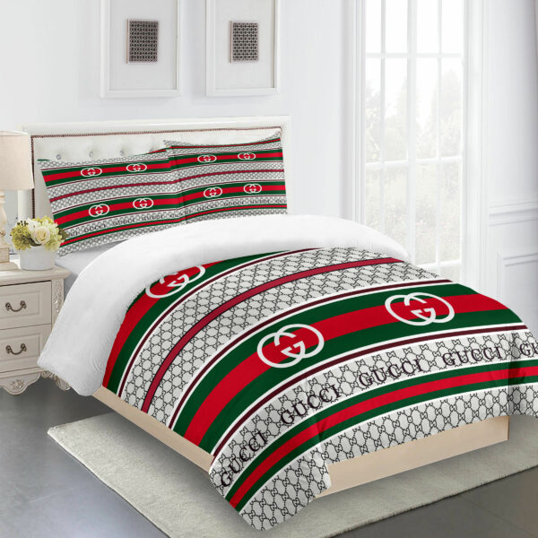 Gucci Italy White Stripe Logo Brand Bedding Set Luxury Bedspread Bedroom Home Decor