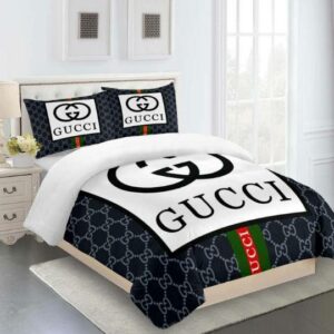 Gucci Blue And White Logo Brand Bedding Set Home Decor Luxury Bedroom Bedspread