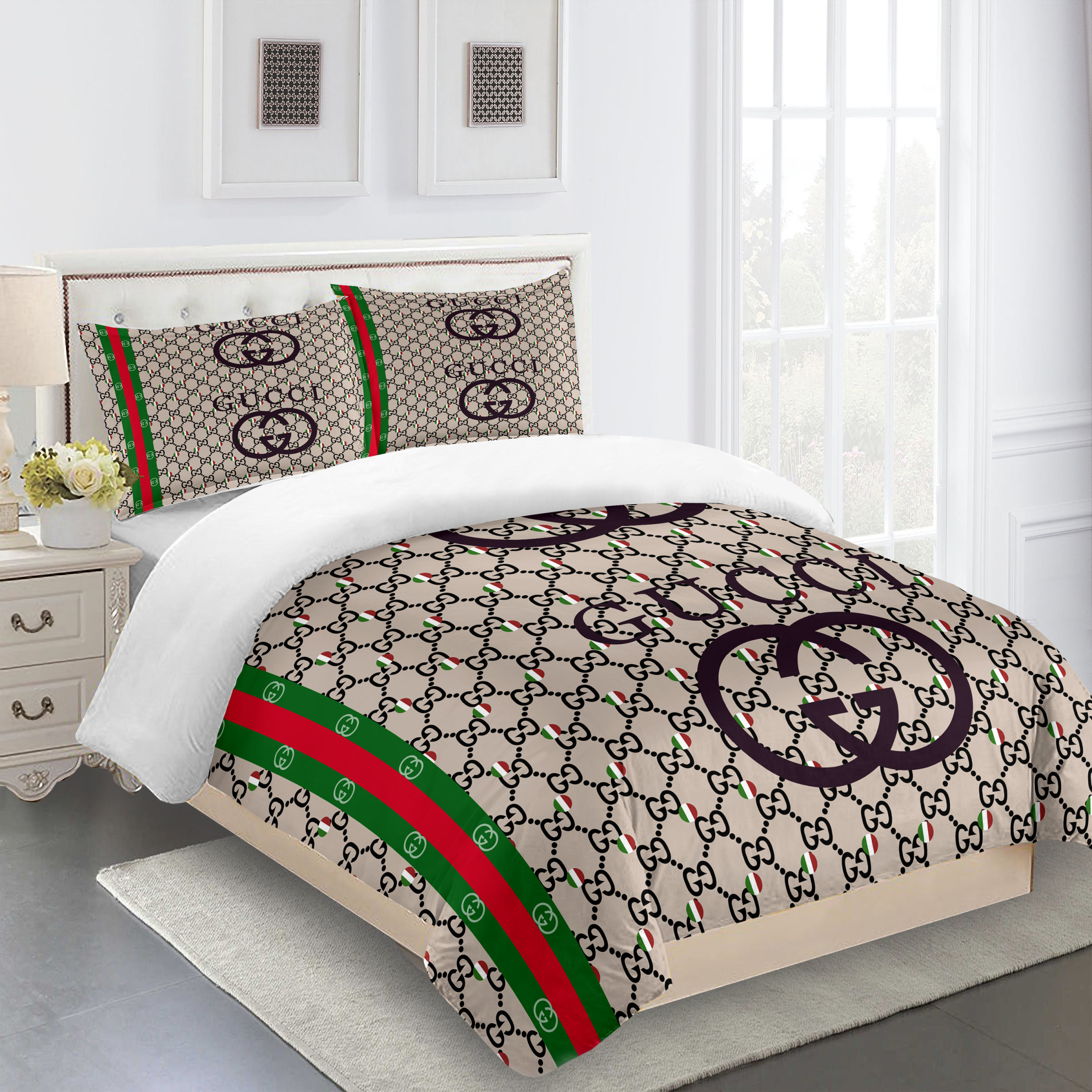 Gucci Beige Red Gree Logo Brand Bedding Set Home Decor Luxury Bedroom Bedspread