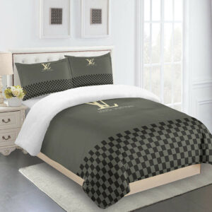 Gray And Black Full Louis Vuitton Logo Brand Bedding Set Home Decor Bedspread Bedroom Luxury