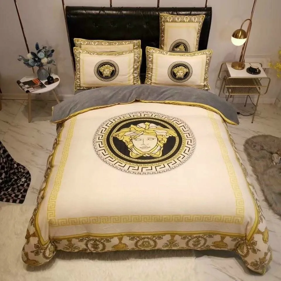 Gianni Versace Beige Logo Brand Bedding Set Bedspread Luxury Home Decor Bedroom