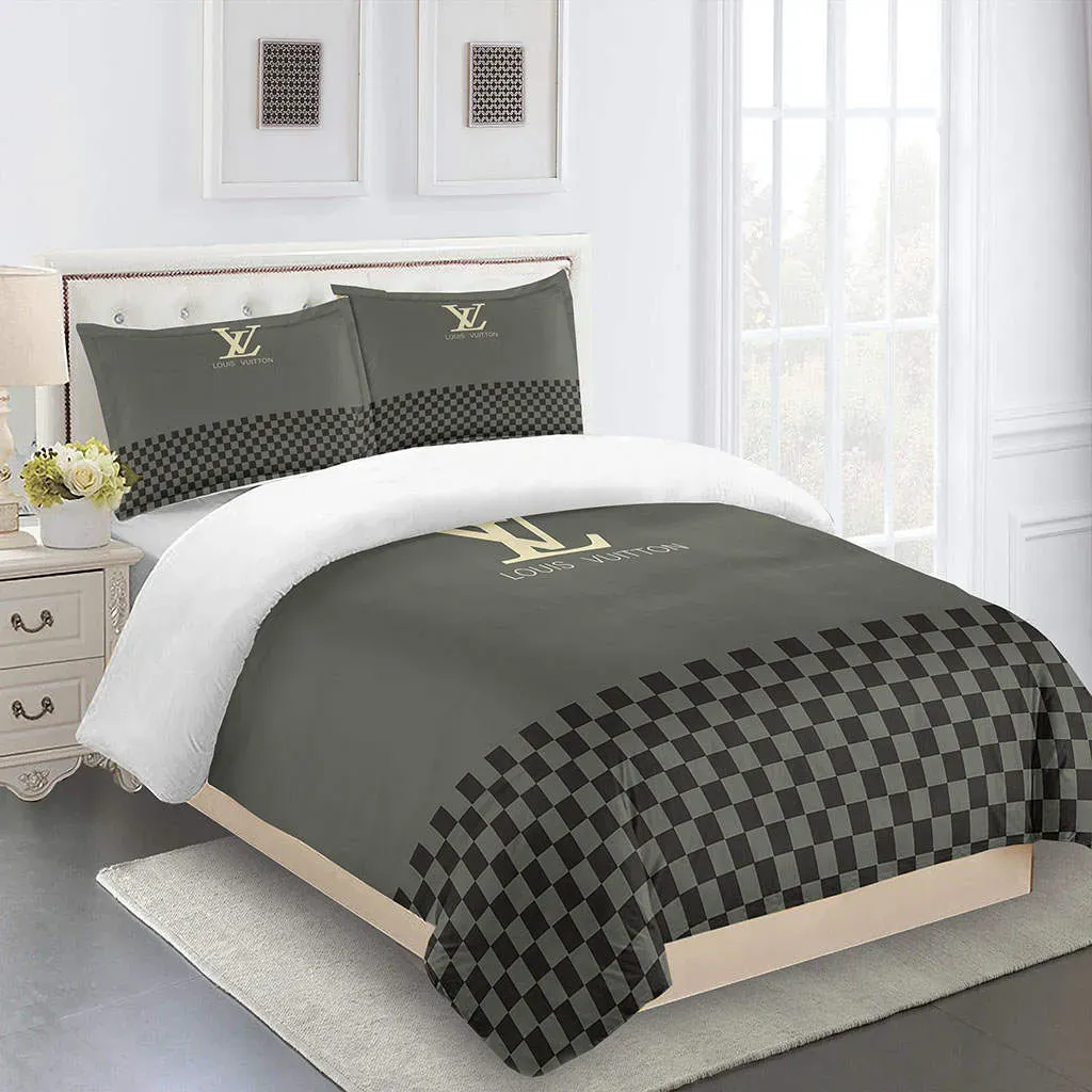 Louis Vuitton Logo Brand Bedding Set Bedspread Home Decor Luxury Bedroom