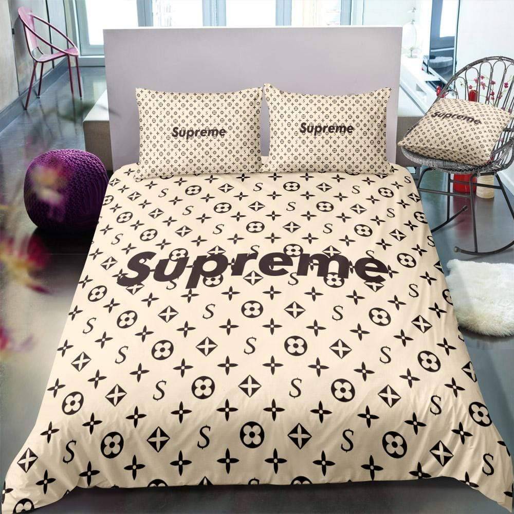 Louis Vuitton Supreme Light Yellow Logo Brand Bedding Set Bedroom Luxury Home Decor Bedspread