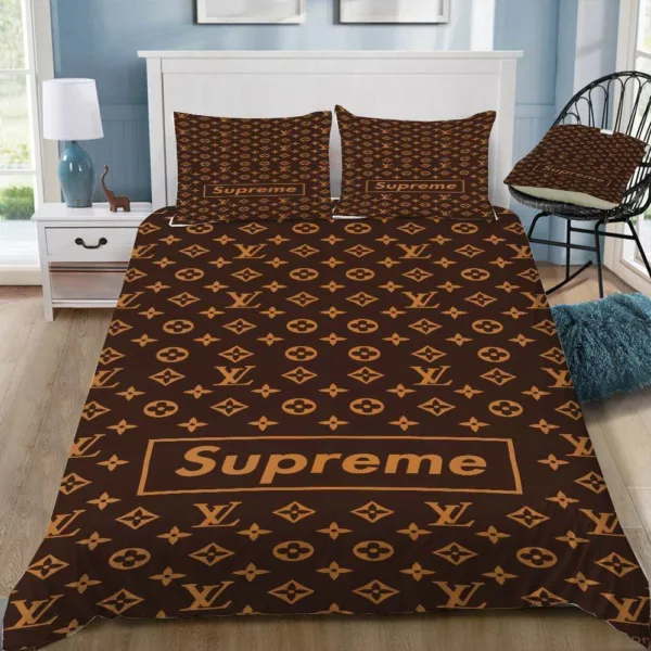 Louis Vuitton Supreme Brown Logo Brand Bedding Set Bedspread Home Decor Luxury Bedroom