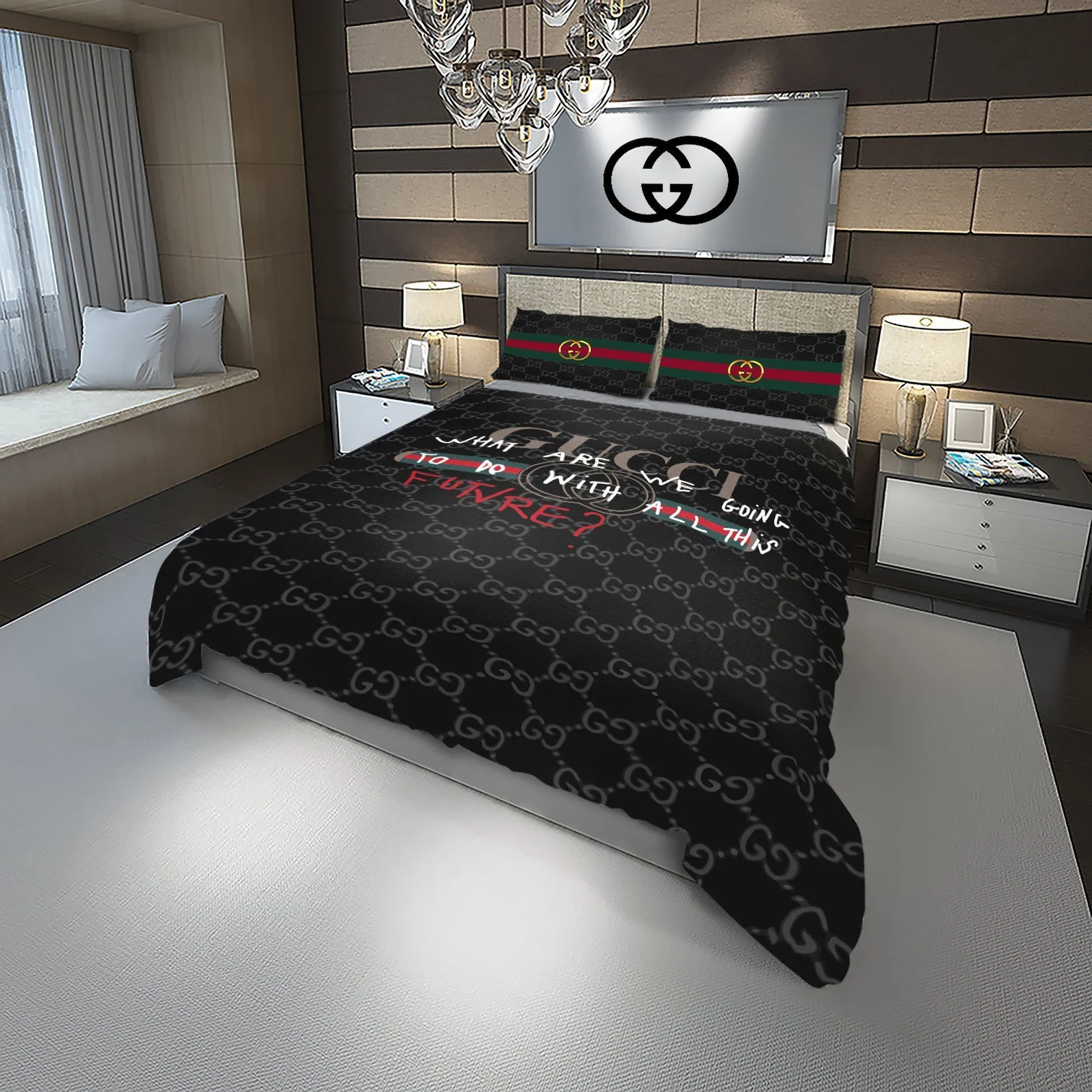 Gucci What Are We Doing Logo Brand Bedding Set Luxury Bedroom Home Decor Bedspread