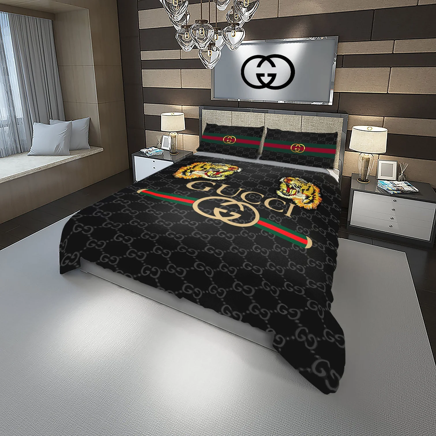 Gucci Tigers Logo Brand Bedding Set Home Decor Bedspread Luxury Bedroom