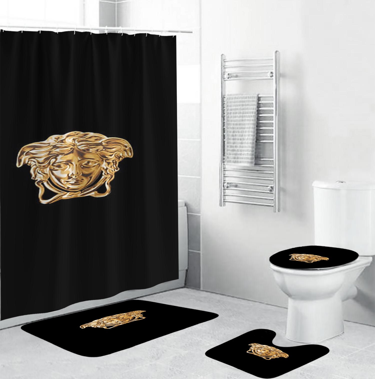 Versace Golden Medusa Face In Black Bathroom Set Hypebeast Home Decor Bath Mat Luxury Fashion Brand