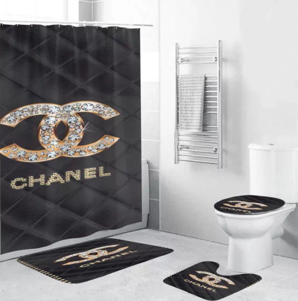 Coco Chanel Goldenwith Full Of Diamonds In Argyle Background Bathroom Set Home Decor Bath Mat Hypebeast Luxury Fashion Brand