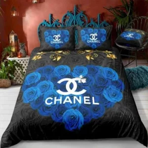 Chanel Blue Roses Logo Brand Bedding Set Bedspread Luxury Bedroom Home Decor