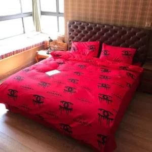 Chanel Red Dirty Logo Brand Bedding Set Luxury Bedspread Bedroom Home Decor