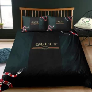 Gucci Snake Black Green Logo Brand Bedding Set Bedspread Luxury Bedroom Home Decor