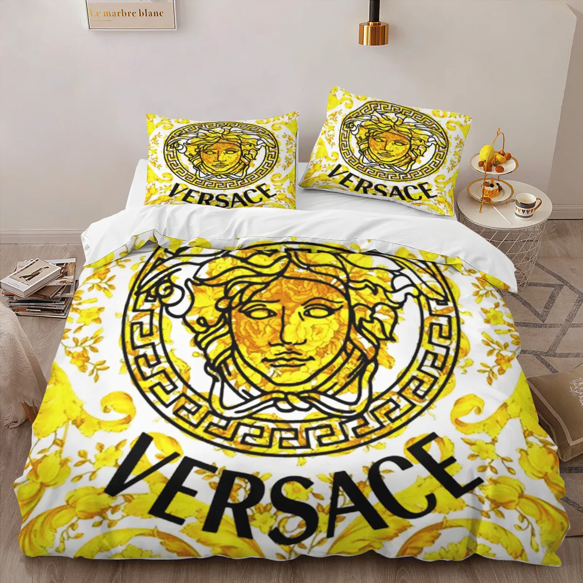 Versace Gold Logo Brand Bedding Set Bedspread Bedroom Luxury Home Decor