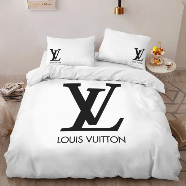 Louis Vuitton White Louis Vuitton Logo Brand Bedding Set Bedspread Luxury Home Decor Bedroom