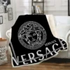 Versace Dark White Logo Fleece Blanket Home Decor Luxury Fashion Brand