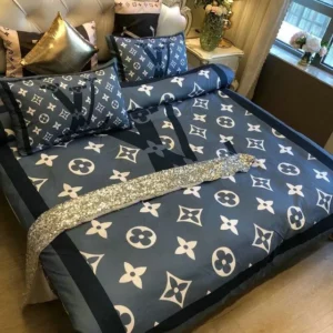 Louis Vuitton Blue And Black Logo Brand Bedding Set Home Decor Luxury Bedroom Bedspread