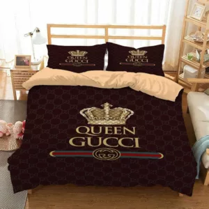 Gucci Queen Brown Logo Brand Bedding Set Bedspread Bedroom Home Decor Luxury