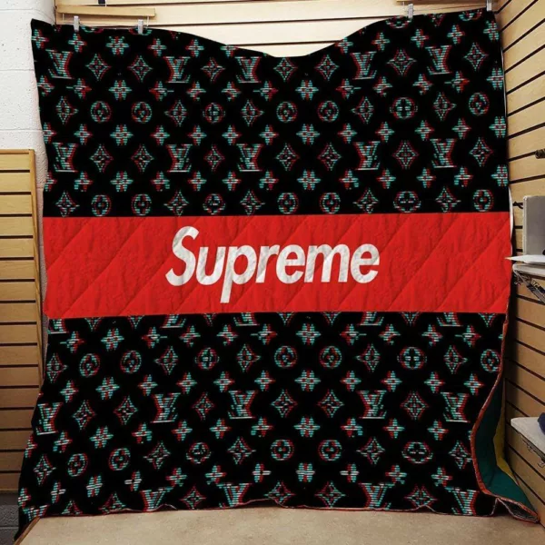 Louis Vuitton Supreme Black Logo Fleece Blanket Home Decor Luxury Fashion Brand