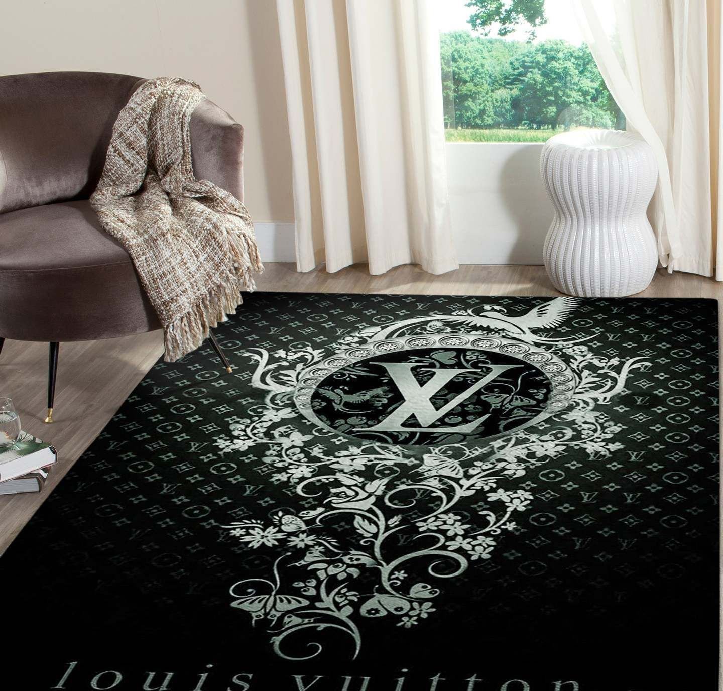 Louis Vuitton Dark Flowers Rectangle Rug Area Carpet Door Mat Luxury Fashion Brand Home Decor