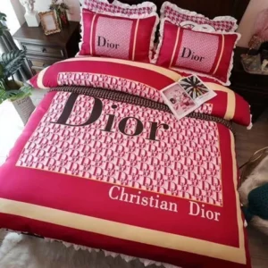 Dior Red Pink Logo Brand Bedding Set Bedroom Bedspread Home Decor Luxury