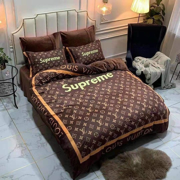 Louis Vuitton Supreme Brown Logo Brand Bedding Set Home Decor Bedspread Bedroom Luxury