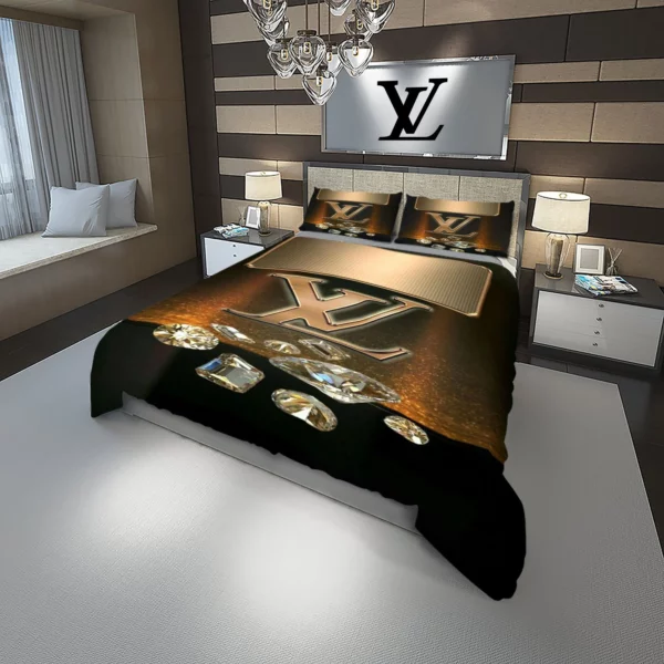 Louis Vuitton Diamond Logo Brand Bedding Set Luxury Bedspread Bedroom Home Decor