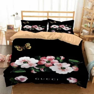 Gucci Flowers Logo Brand Bedding Set Home Decor Bedspread Luxury Bedroom