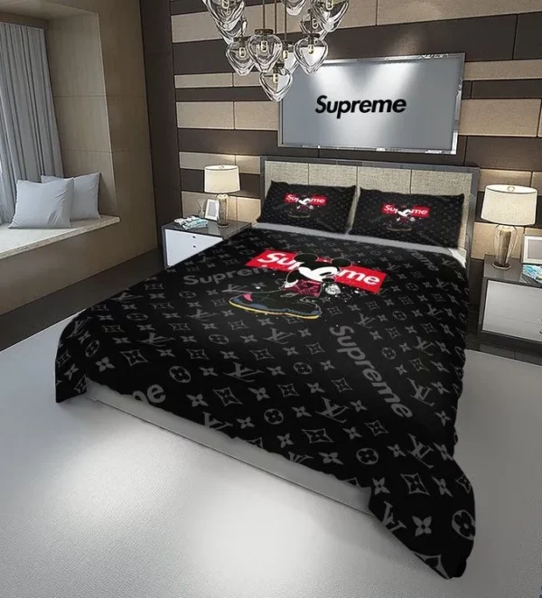 Louis Vuitton Supreme Mickey Mouse Disney Louis Vuitton Logo Brand Bedding Set Bedroom Luxury Bedspread Home Decor