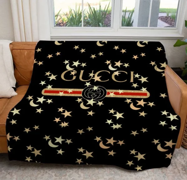 Gucci Moon Star Logo Fleece Blanket Home Decor Fashion Brand Luxury