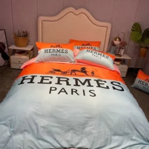 Hermes Paris Orange Grey Logo Brand Bedding Set Luxury Home Decor Bedspread Bedroom