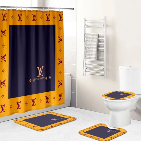 Louis Vuitton Lv Blue Orange Bathroom Set Bath Mat Luxury Fashion Brand Home Decor Hypebeast