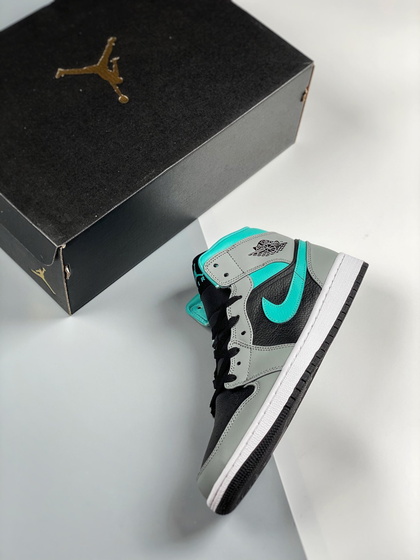 Air Jordan 1 Mid Black Grey Aqua Blue 554724-063 For Sale