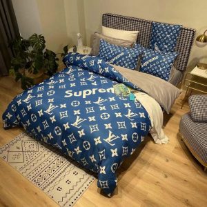 Louis Vuitton Logo Brand Bedding Set Luxury Bedspread Bedroom Home Decor