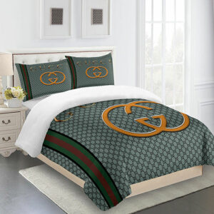 Gucci Gray Gold Green Red Logo Brand Bedding Set Home Decor Bedroom Bedspread Luxury