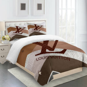 Striped Beige Full Louis Vuitton Logo Brand Bedding Set Bedspread Home Decor Bedroom Luxury