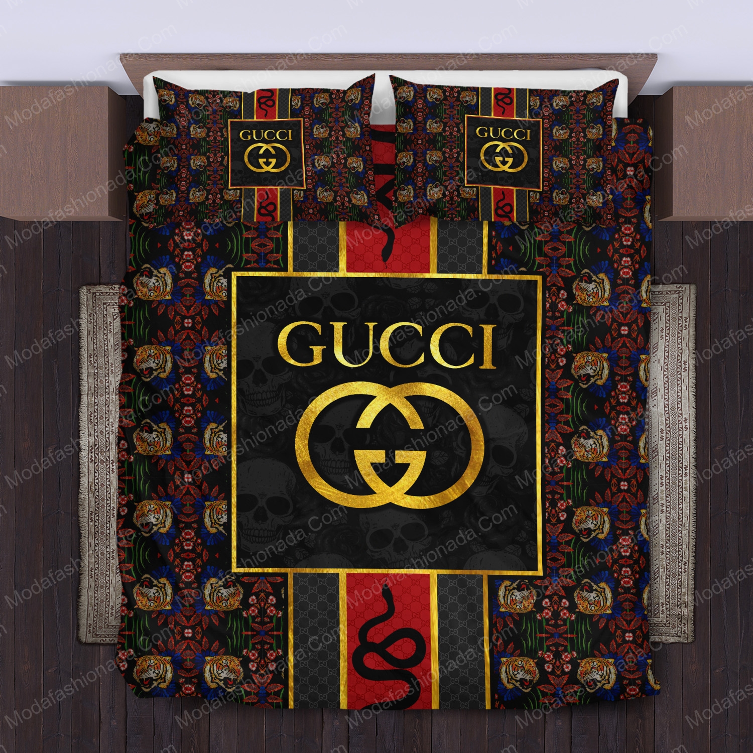 Gucci Pattern Tiger Snake Skulltype Logo Brand Bedding Set Bedspread Home Decor Luxury Bedroom