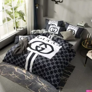 Gucci Navy Logo Brand Bedding Set Bedroom Luxury Bedspread Home Decor