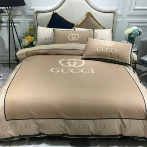 Gucci Beige Logo Brand Bedding Set Bedspread Home Decor Luxury Bedroom