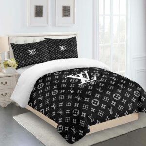 Gray Black White Full Louis Vuitton Logo Brand Bedding Set Bedroom Luxury Bedspread Home Decor