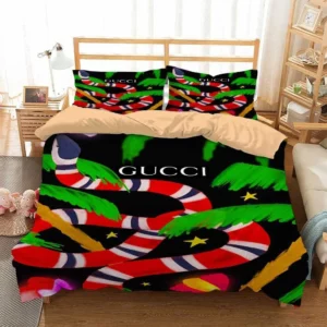 Gucci Big Snake Logo Brand Bedding Set Bedspread Home Decor Luxury Bedroom