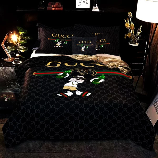 Gucci Mickey Drinking Logo Brand Bedding Set Bedspread Bedroom Luxury Home Decor