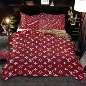 Louis Vuitton Supreme Red Logo Brand Bedding Set Luxury Bedspread Home Decor Bedroom