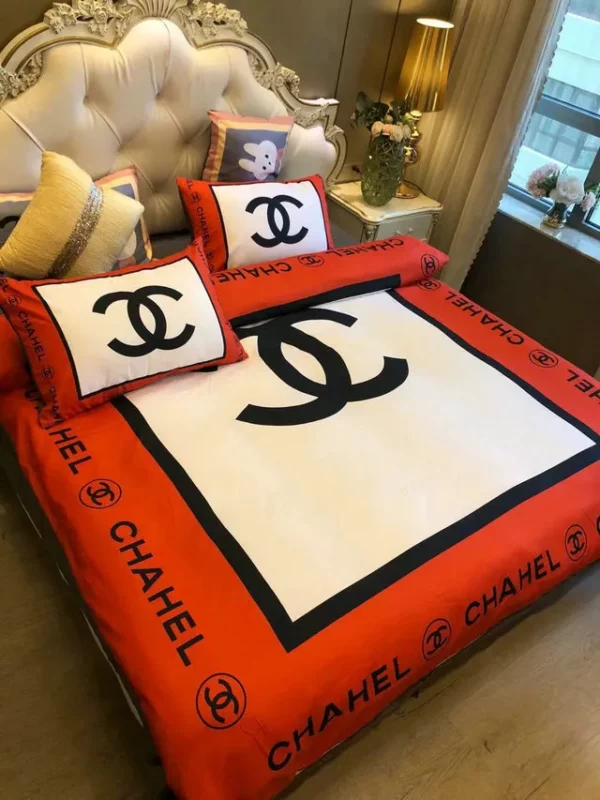 Chanel Red Logo Brand Bedding Set Luxury Bedspread Bedroom Home Decor