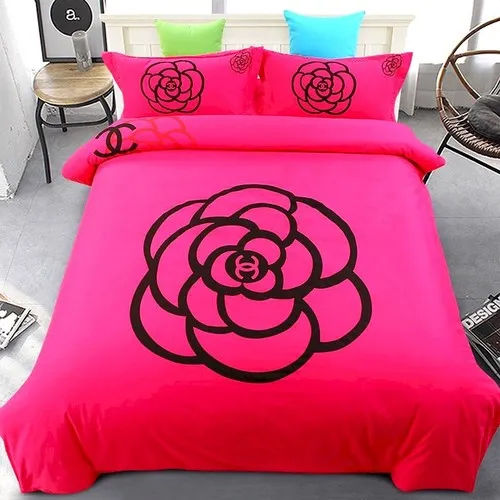 Chanel Paris Red Big Roses Logo Brand Bedding Set Luxury Home Decor Bedroom Bedspread