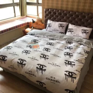 Chanel White Dirty Logo Brand Bedding Set Luxury Home Decor Bedspread Bedroom