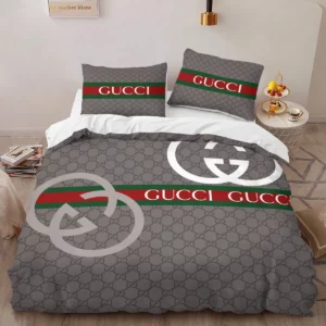 Gucci Grey Logo Brand Bedding Set Bedspread Bedroom Luxury Home Decor