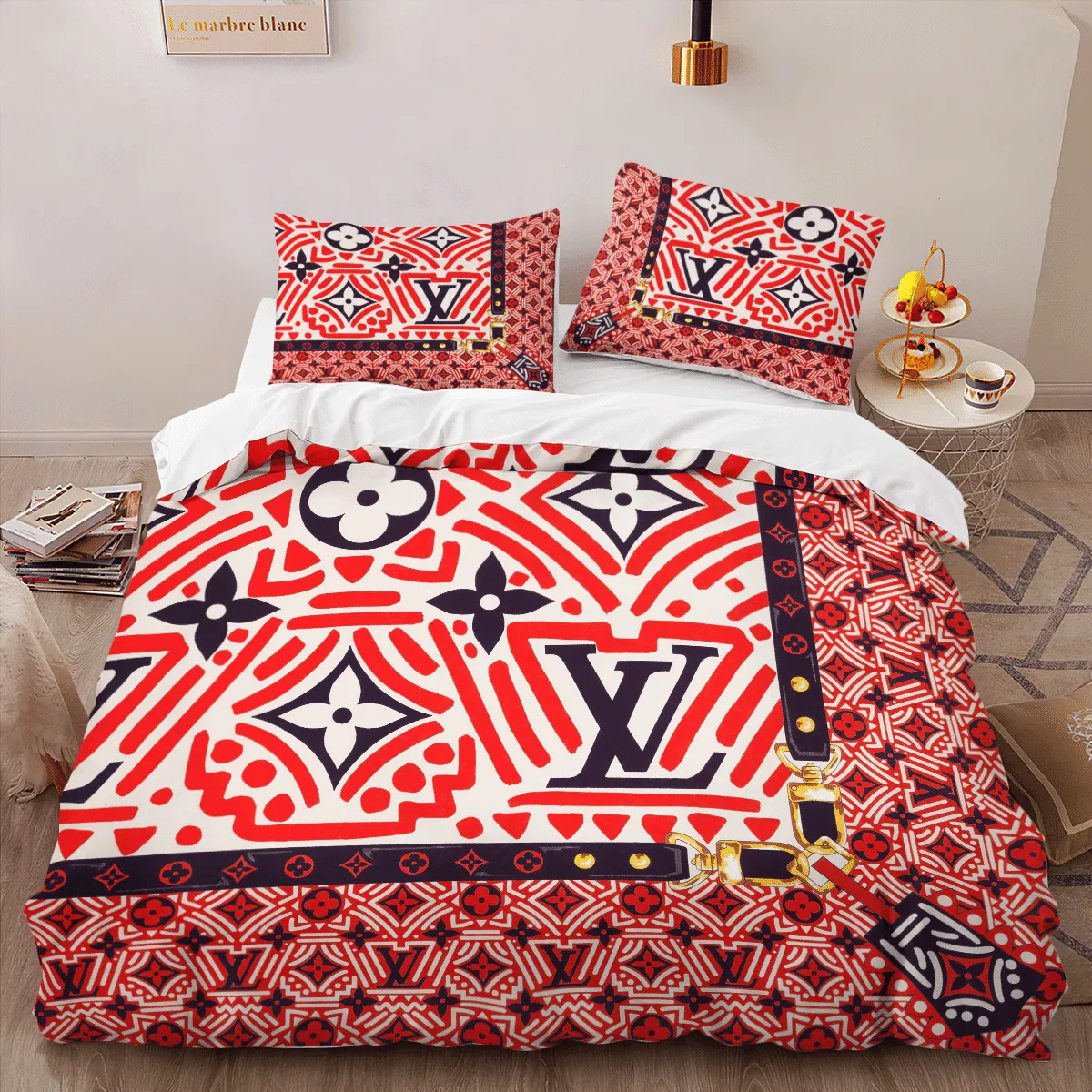 Louis Vuitton Red Colorful Louis Vuitton Logo Brand Bedding Set Bedspread Bedroom Luxury Home Decor