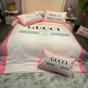 Gucci White Pink Logo Brand Bedding Set Luxury Bedroom Bedspread Home Decor