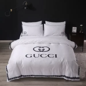 Gucci White Logo Brand Bedding Set Bedspread Bedroom Home Decor Luxury