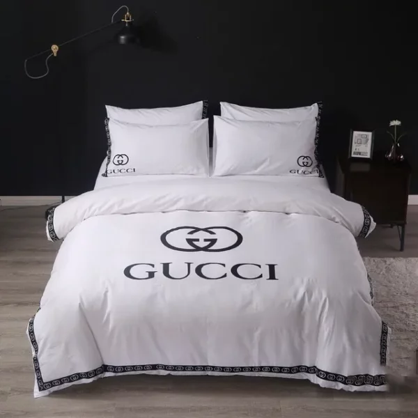 Gucci White Logo Brand Bedding Set Bedspread Bedroom Home Decor Luxury