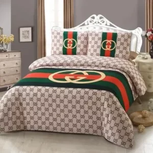 Gucci Brown Stripe Logo Brand Bedding Set Home Decor Bedroom Luxury Bedspread